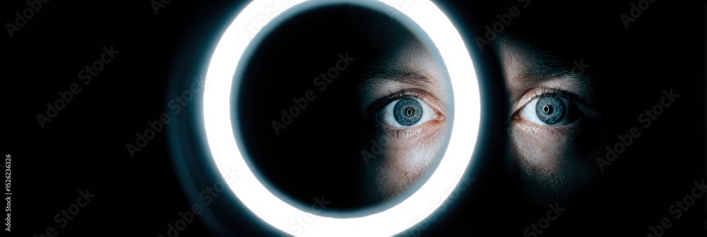 Poster Glowing Ring Light Reflected in the Eye of a Photographer Creating a Striking Visual Contrast in a Minimalist Setting