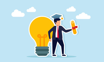 Businessman standing next to light bulb wearing graduation cap and holding diploma document illustration of success in implementing innovative business ideas