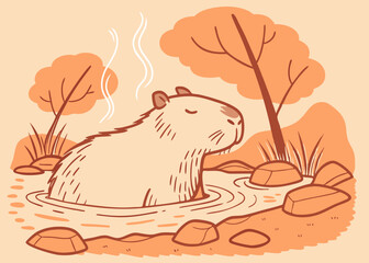 Tranquil Waters: A Serene Capybara Soaking in a Misty Hot Spring with Soft Steam and Warm Watercolor Brushstrokes