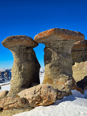 Mushroom shaped rocks in Romania in the winter 