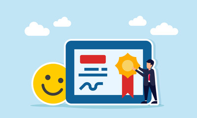 Businessman placing a medal on a certificate next to a happy emoticon illustration of success in attracting positive market attention