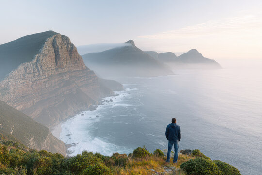 coastal cliff in south africa at sunset solitary figure in minimalist style