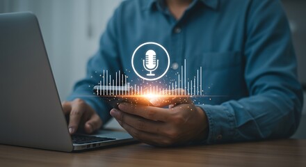 Man recording audio on his smartphone with a microphone icon and soundwaves illustration