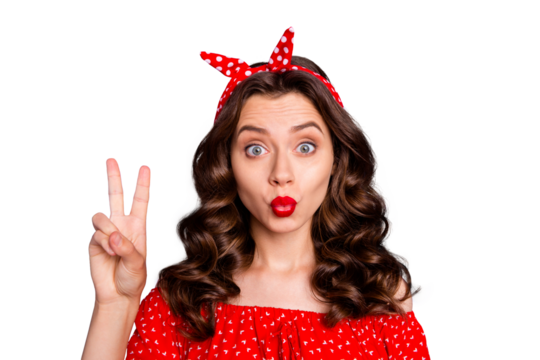 Closeup photo of tender nice cute attractive charming girl showing you v-sign and kissing simultaneously while isolated with violet background