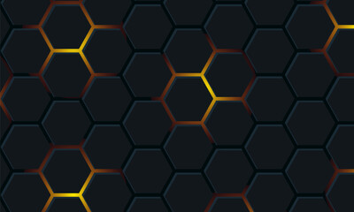 Dark hexagon abstract technology background with bright yellow and red flashes below the hexagon. Hexagon game technology on black abstract background.modern.