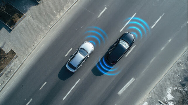 Top view of autonomous cars with sensor waves on road, representing smart transportation, vehicle communication and advanced driver-assistance systems in modern traffic.