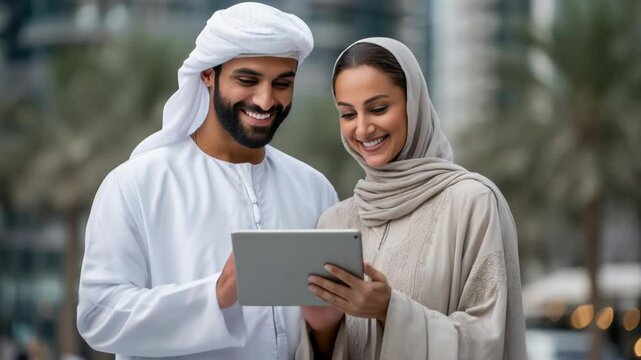 Smiling Emirati Couple in Traditional Dress Connects Over a Tablet in a Modern City Setting
