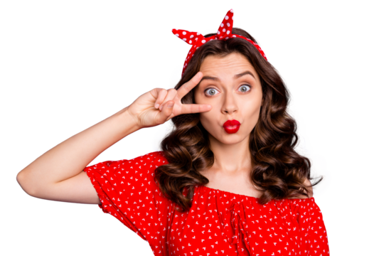 Photo of nice charming fascinating funny friendly girlfriend showing you v-sign near her eye as kissing you while isolated with violet background