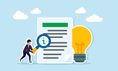 Businessman holding magnifying glass with letter I observing document next to light bulb illustration of studying information guide for business idea implementation