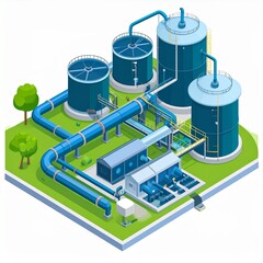 Water Treatment Plant Isometric Illustration of Filtration and Purification System