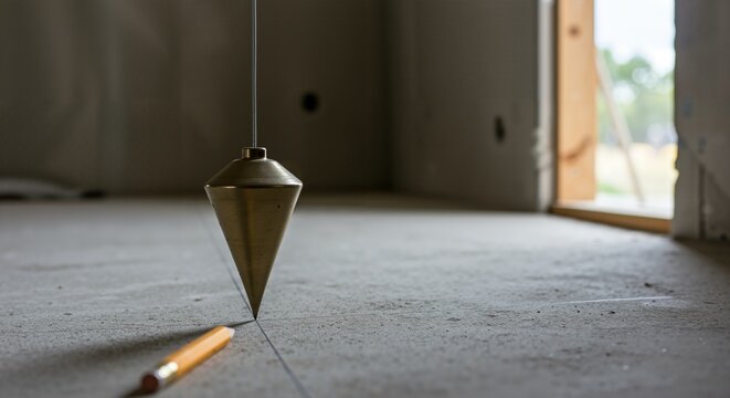 Brass plumb bob suspended by a string, precisely pointing to a pencil line on a concrete floor. Construction tool for vertical alignment and measurement in an unfinished building.