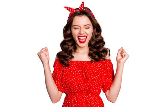 Photo of charming beautiful kind rejoicing overjoyed girl celebrating her victory at local competitions while isolated with violet background