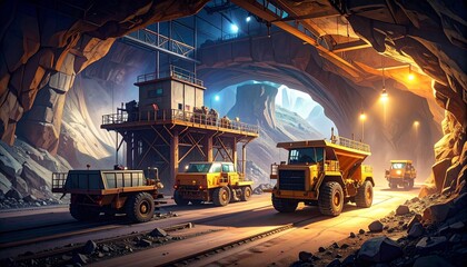 Obraz premium Digital Illustration Underground Mining Site with Layered Rock Formations and Heavy Machinery