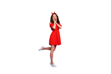 Full length body size photo of nice charming girlish fascinating girl turned posing in front of...