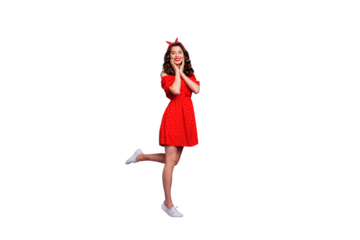 Full length body size photo of nice charming girlish fascinating girl turned posing in front of camera while isolated with violet background