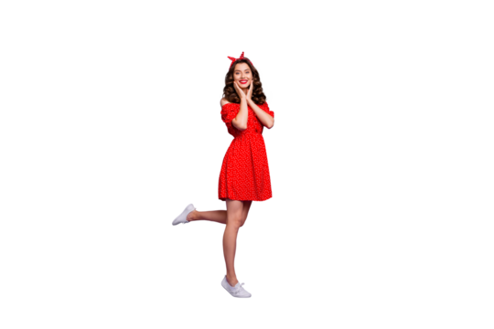 Full length body size photo of nice charming girlish fascinating girl turned posing in front of camera while isolated with violet background