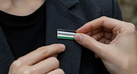 Close-up of a person's hands carefully attaching an agender pride flag enamel pin to the lapel of a dark grey suit jacket. Symbol of gender identity, LGBTQIA+ community, and support.