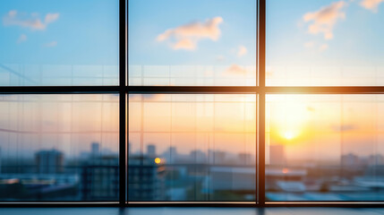 A city skyline is visible through a window with a sun setting in the background