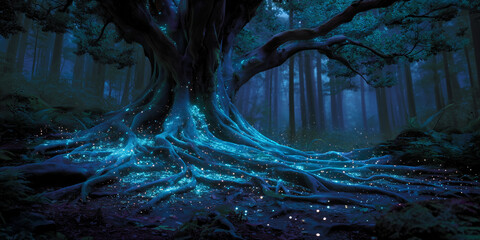 Fototapeta premium Tree With Radiant Roots in Quiet Mystical Forest