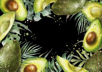 Watercolor avocado cover, greeting or invitation card design. Black avocado background. 