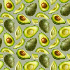 Light green seamless pattern with watercolor half an avocado with a pit. Digital illustration. Digital paper.	