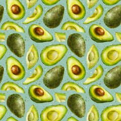 Light green seamless pattern with watercolor half an avocado with a pit. Digital illustration. Digital paper.	