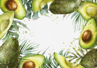 Watercolor avocado cover, greeting or invitation card design. White avocado background. 