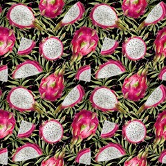 Seamless pattern with watercolor pink dragon fruit and tropical leaves. Dragon fruit on black background. Digital paper with pitahaya.	