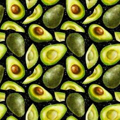 Black seamless pattern with watercolor half an avocado with a pit. Digital illustration. Digital paper.	