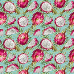 Seamless pattern with watercolor pink dragon fruit and tropical leaves. Dragon fruit on turquoise background. Digital paper with pitahaya.	