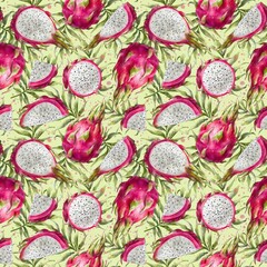 Seamless pattern with watercolor pink dragon fruit and tropical leaves. Dragon fruit on light yellow background. Digital paper with pitahaya.	