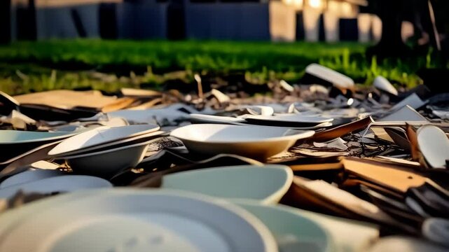 Broken white ceramic plates and bowls are scattered on outdoor ground with soft sunlight shining through trees