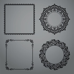 Set of decorative frames Elegant vector element for design in Eastern style, place for text. Floral black and gray borders. Lace illustration for invitations and greeting cards