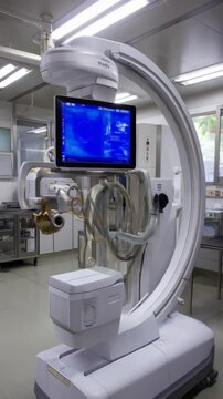 Mobile C-arm imaging system in a sterile hospital operating room for surgical procedures with monitor displaying detailed images