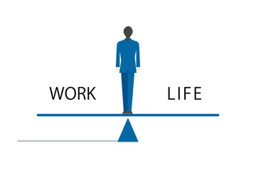 ワークライフバランスをイメージしたシーソーに立つ後ろ姿のビジネスウーマンのイラスト