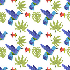 Fototapeta premium Seamless textile trendy vector pattern with exotic birds on a branch in tropical nature in exotic with tropical leaves abstract painting .Hand drawn illustration for fabric , paper and web design .