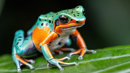Obraz premium A frog with green and orange spots is standing on a leaf
