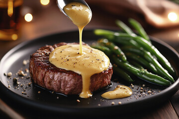 Juicy grilled steak topped with creamy pepper sauce served with green beans on a black plate, capturing gourmet dining and rich culinary detail.
