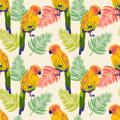Fototapeta premium Seamless textile trendy vector pattern with exotic birds on a branch in tropical nature in exotic with tropical leaves abstract painting .Hand drawn illustration for fabric , paper and web design .