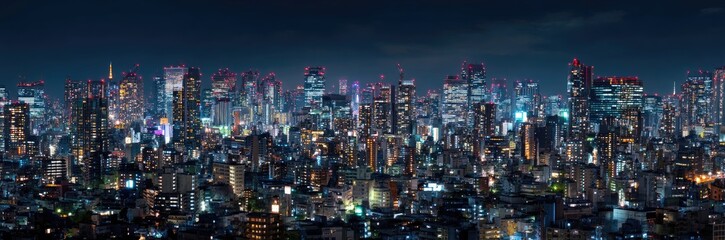 Naklejka premium Panoramic view of the Tokyo skyline at night