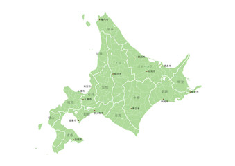 日本の都市、北海道の都市名や行政区分付きの地図（市町村の地名や、行政区分の線付き）