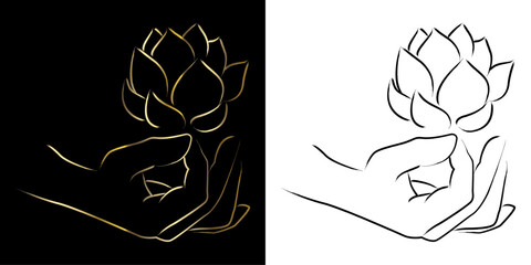 Elegant minimalist line drawing of a human hand holding a lotus flower in black on white and gold on black versions. Symbolizes yoga, peace, mindfulness, spirituality, relaxation, and healing.