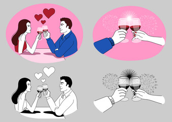 Romantic Couple Toasting with Wine, love, anniversary, and celebration vector illustration