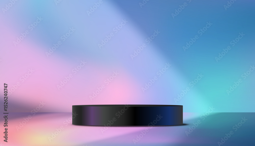 Poster blue, green and pink gradient with light, shadow on 3d black round podium display in studio room,abs