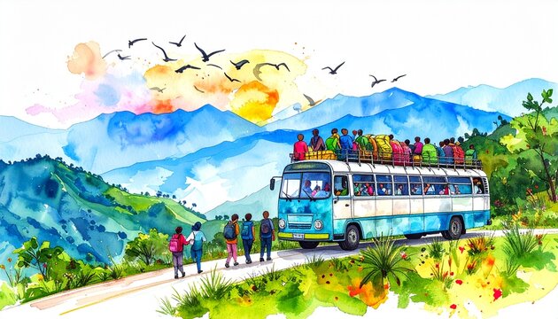 Hand-drawn chiva bus packed with people and goods on a mountain road in Colombia, colorful and lively illustration.