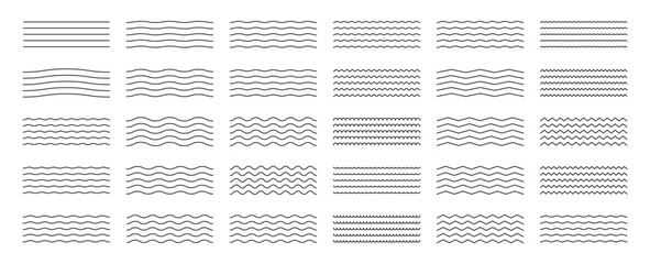 Collection of wavy or zigzag lines. Horizontal thin lines wave. Dotted line. Big set black color. Vector illustration.