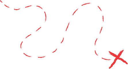 Treasure map element. A dashed line and red X mark ink on the map, the treasure map with a dotted line, X marks the spot, dashed line to an X, red ink	
