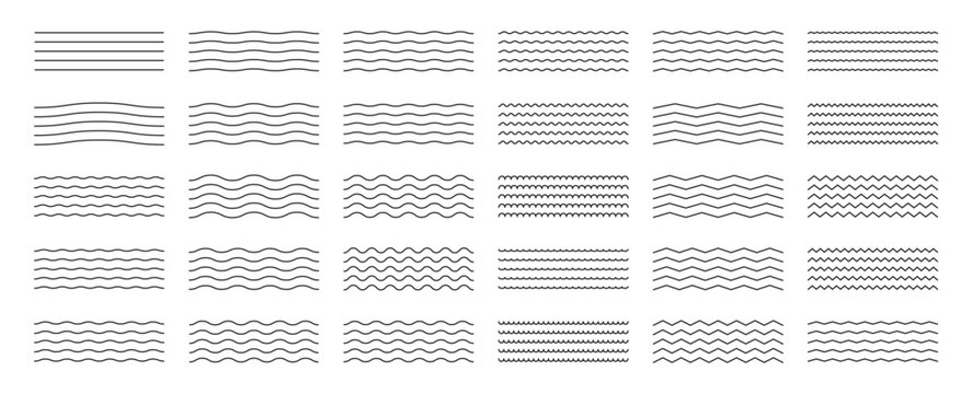Collection of wavy or zigzag lines. Horizontal thin lines wave. Dotted line. Big set black color. Vector illustration.