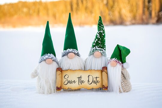 Festive gnome friends announce save the date on a winter landscape