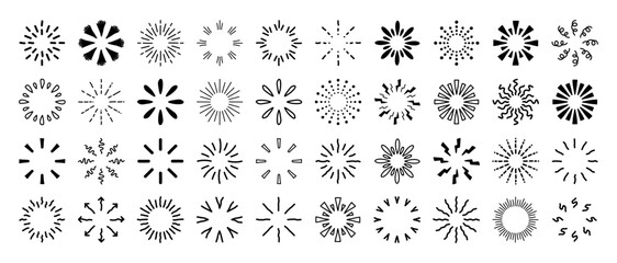 Sunburst, doodle sparkle starburst set. Sunburst rays. Hand drawn elements Star, firework explosion, sun beams, black lines, surprise, outline, confetti, decorative, retro style. Art design elements.